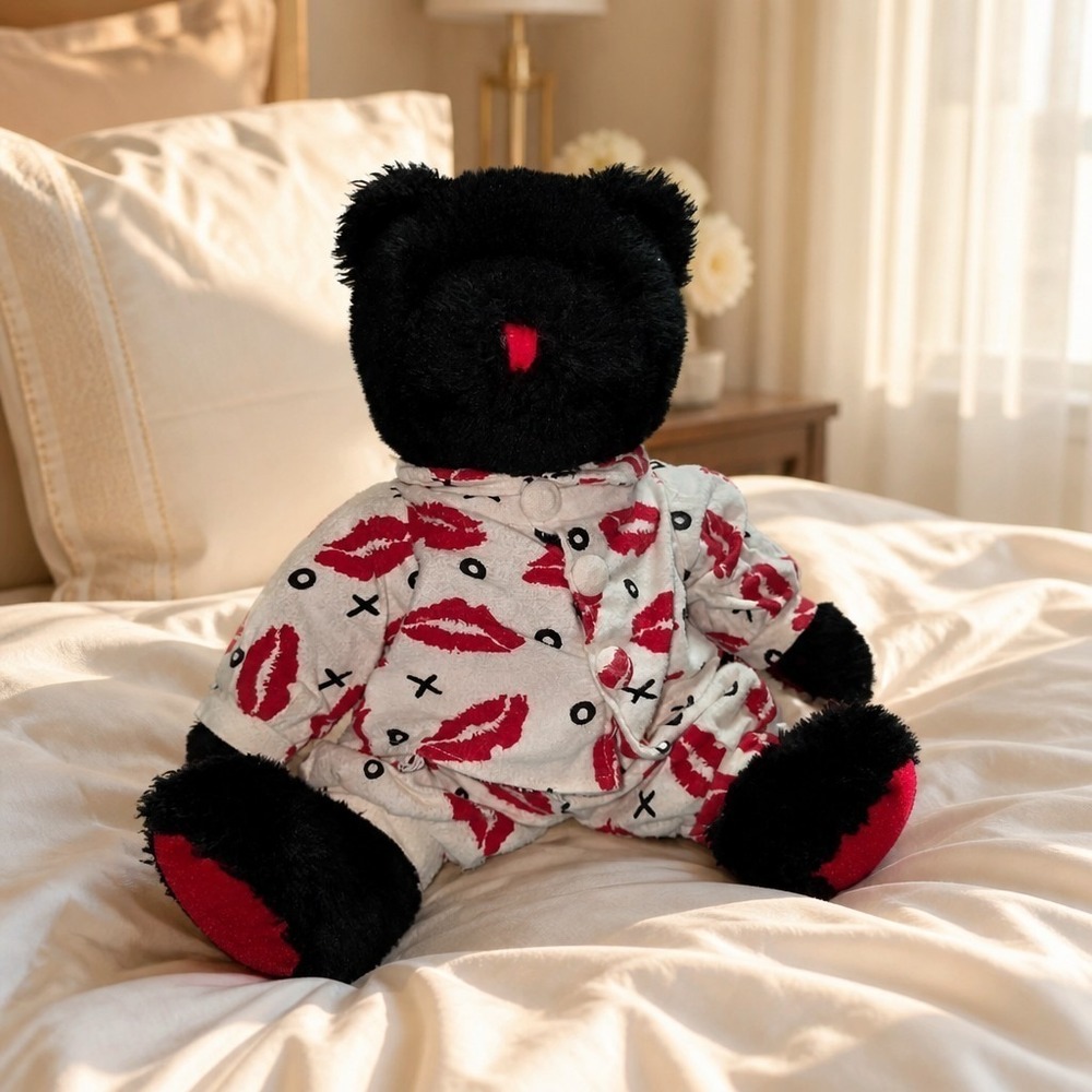 Vintage Sugar Loaf Dressed Up Teddy Plush 18" Black Bear Pajamas Lip Print Toy